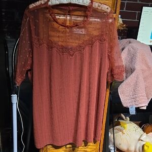 Perch By Blu Pepper ~ Sheer Lace Yoke Short Sleeve Top - Rust Color
